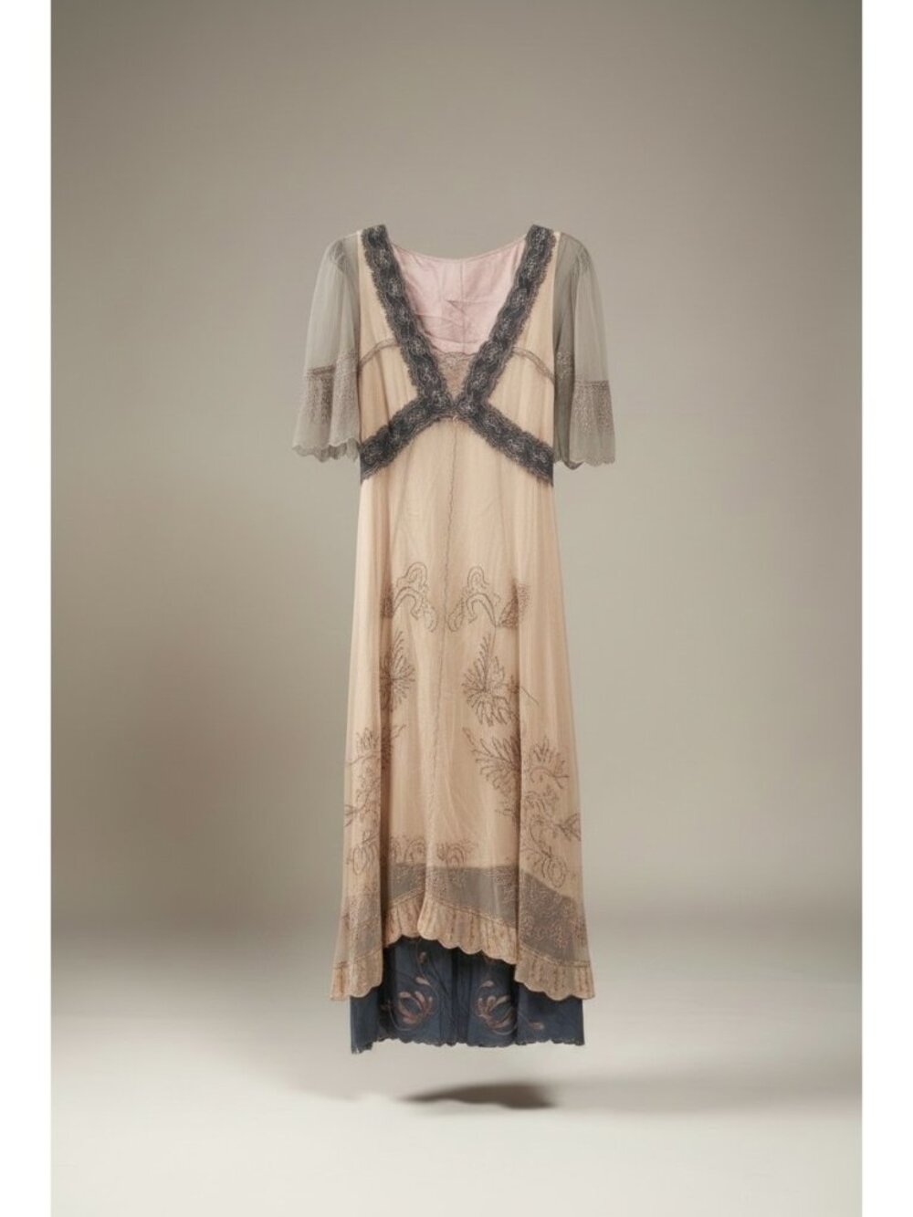 Nataya Vintage-Inspired Embroidered Mesh Dress Beige Pink With Lace Overlay